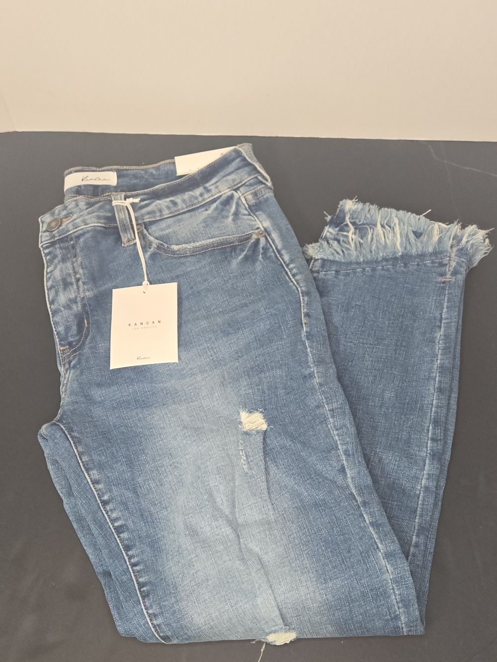 KanCan Women's Light Blue Distressed Ankle Jeans with Frayed Hem